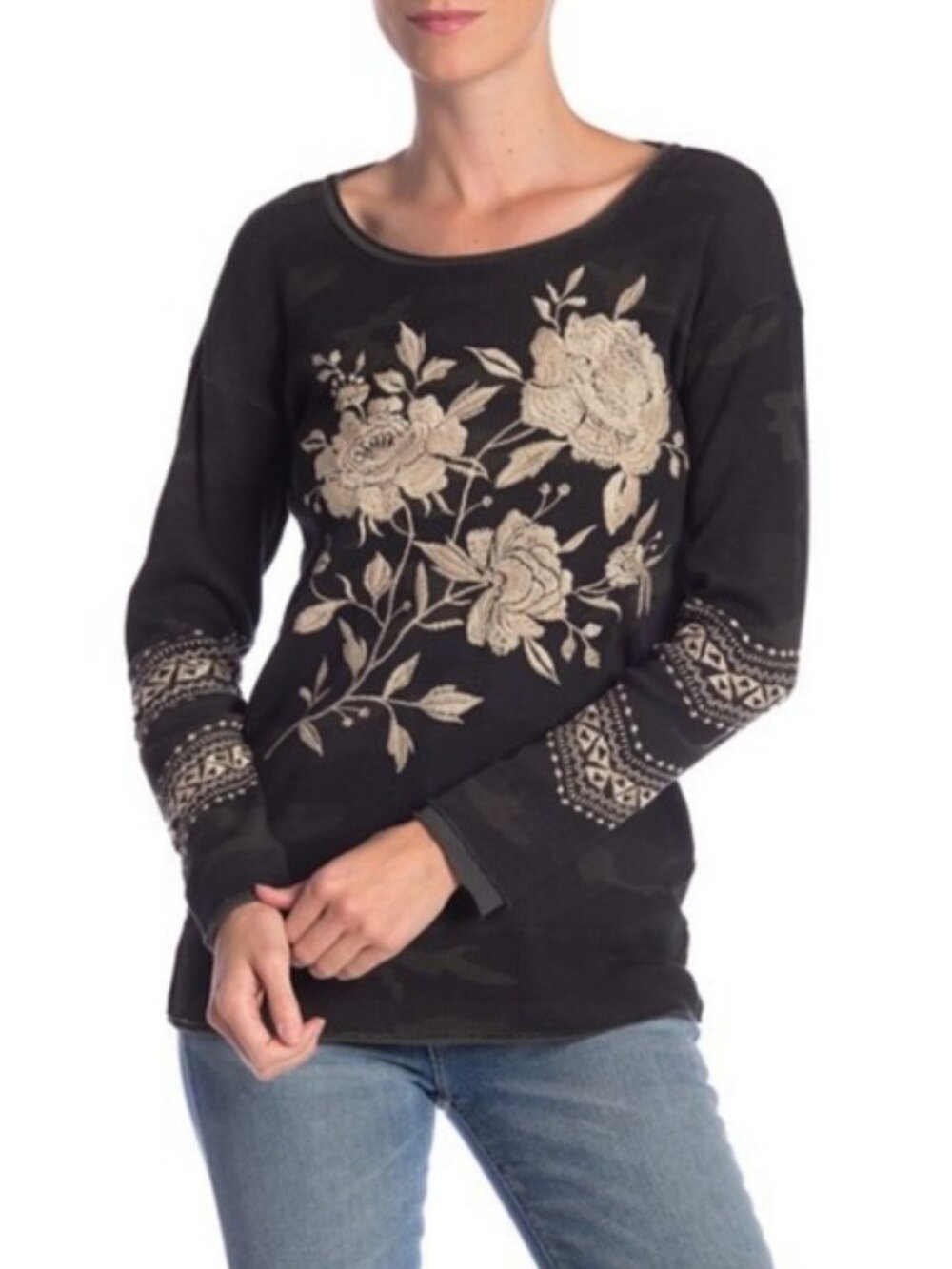 Johnny Was Embroidered Magdalena Thermal Top M Textured Camo Cotton, Raw Edges